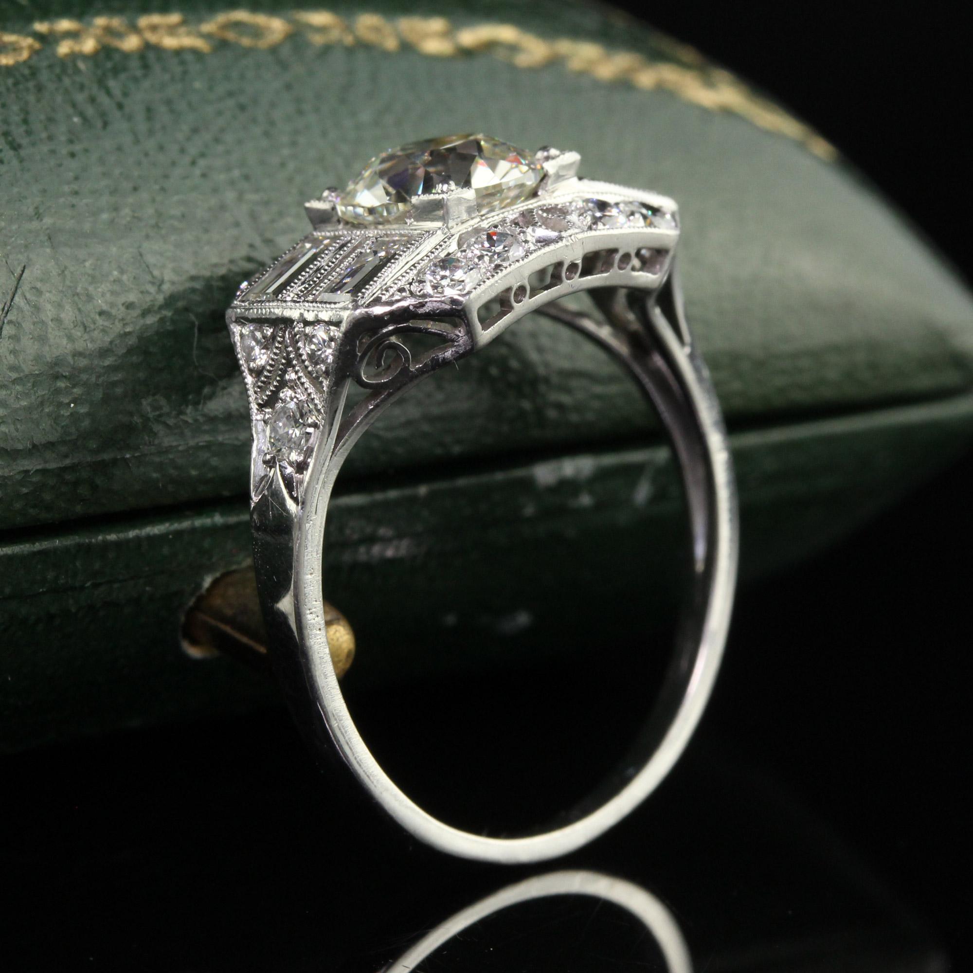 Old European Cut Antique Art Deco Platinum Old European Diamond Filigree Engagement Ring - GIA For Sale