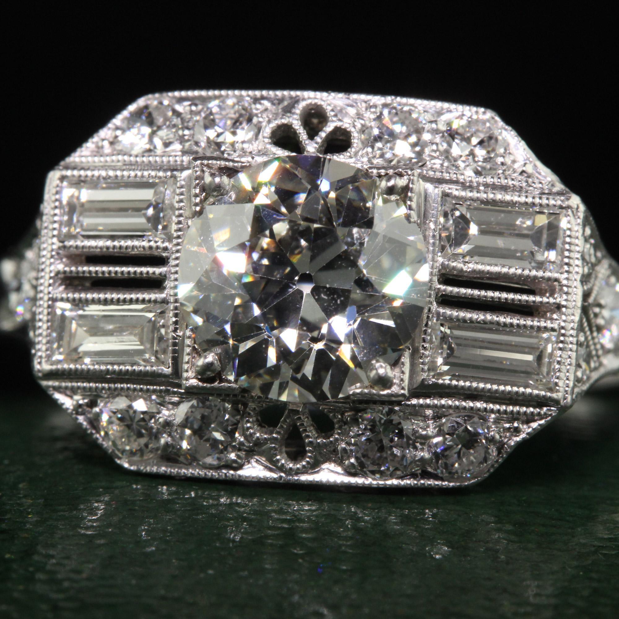 Antique Art Deco Platinum Old European Diamond Filigree Engagement Ring - GIA In Good Condition For Sale In Great Neck, NY