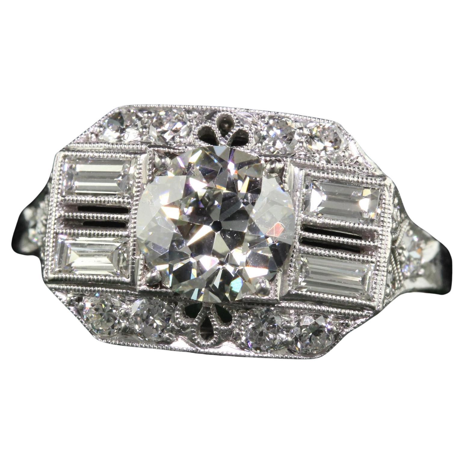 Antique Art Deco Platinum Old European Diamond Filigree Engagement Ring - GIA For Sale