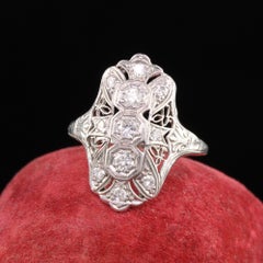 Antique Art Deco Platinum Old European Diamond Filigree Shield Ring