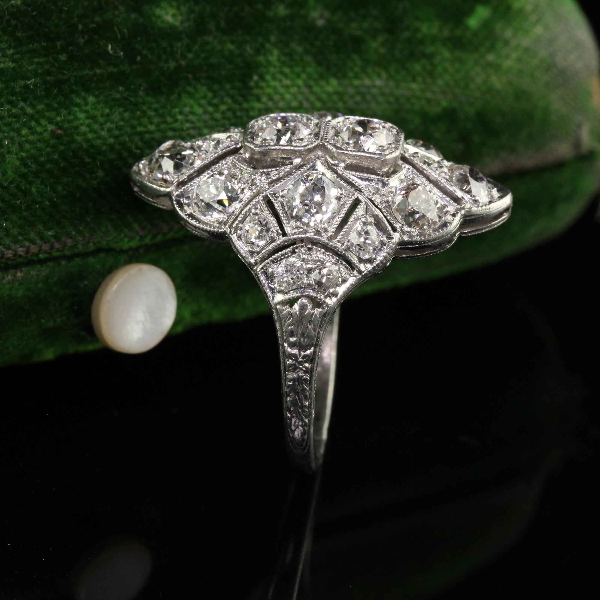 Old European Cut Antique Art Deco Platinum Old European Diamond Filigree Shield Ring For Sale