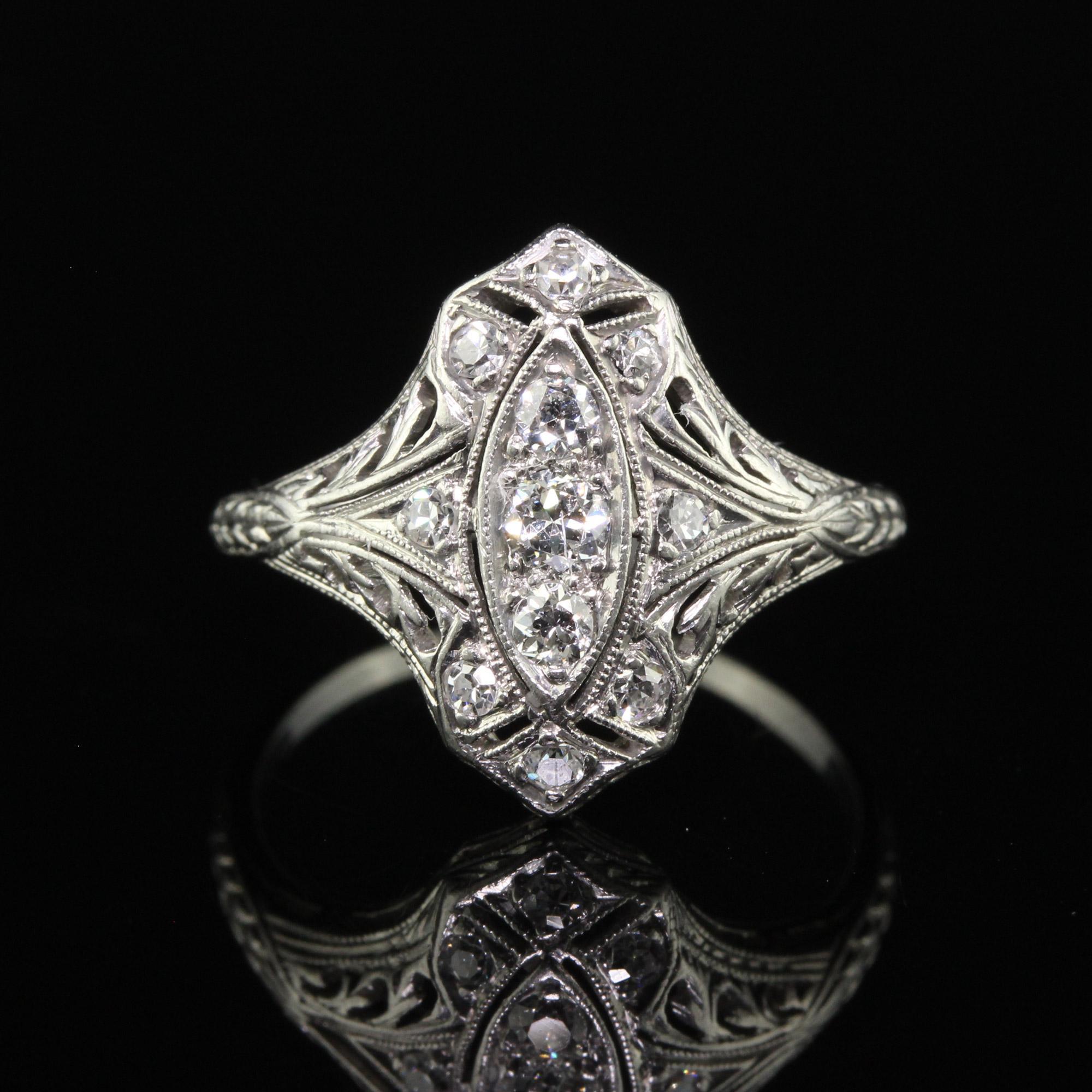 Old European Cut Antique Art Deco Platinum Old European Diamond Filigree Shield Ring For Sale