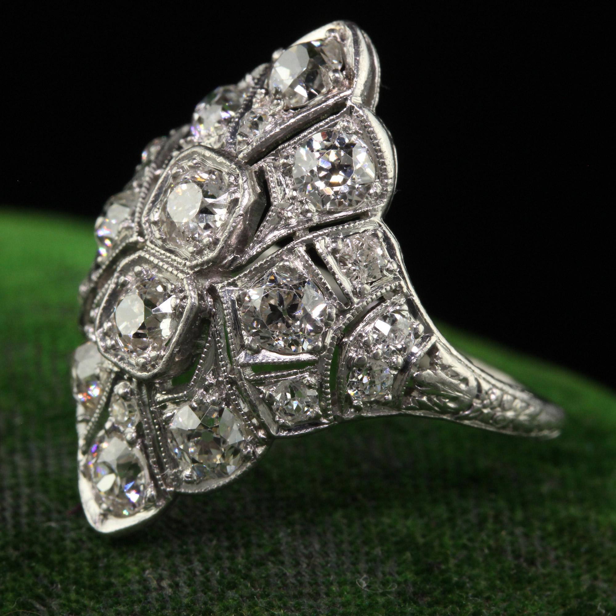 Antique Art Deco Platinum Old European Diamond Filigree Shield Ring In Good Condition For Sale In Great Neck, NY