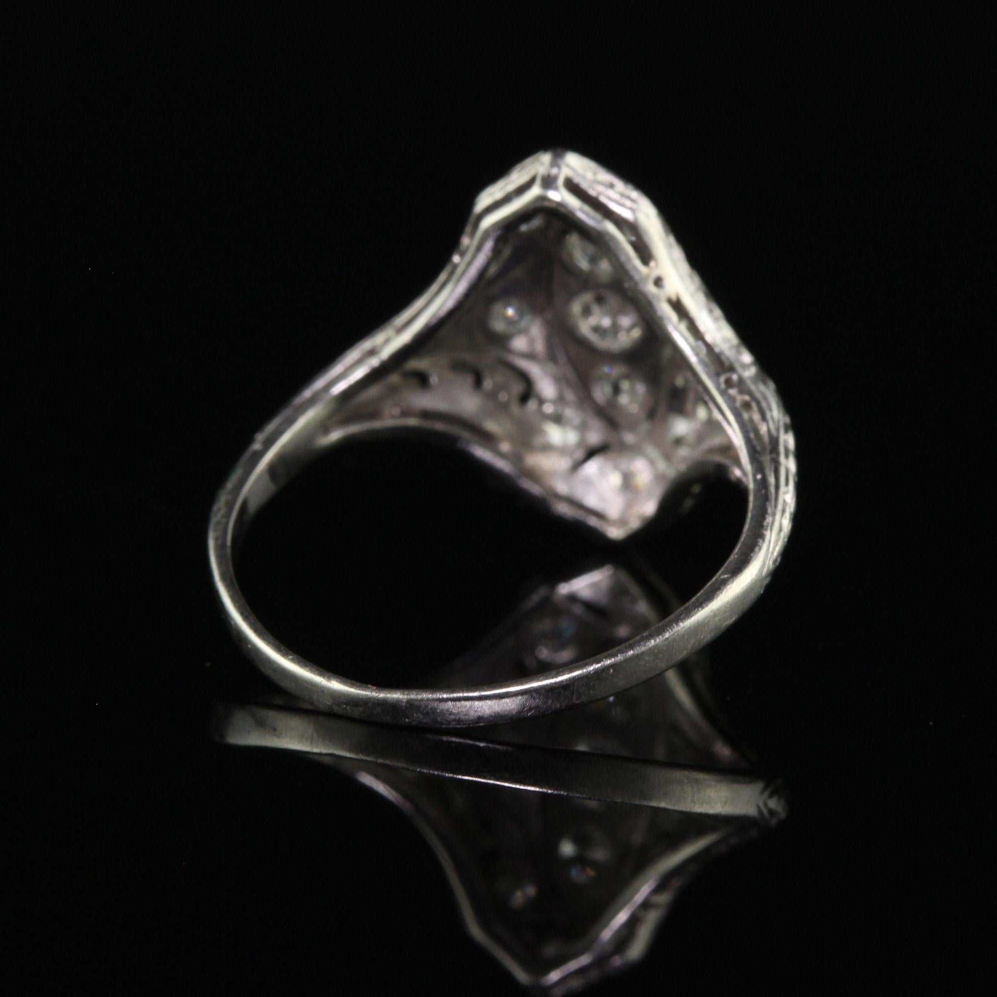 Antique Art Deco Platinum Old European Diamond Filigree Shield Ring In Good Condition For Sale In Great Neck, NY