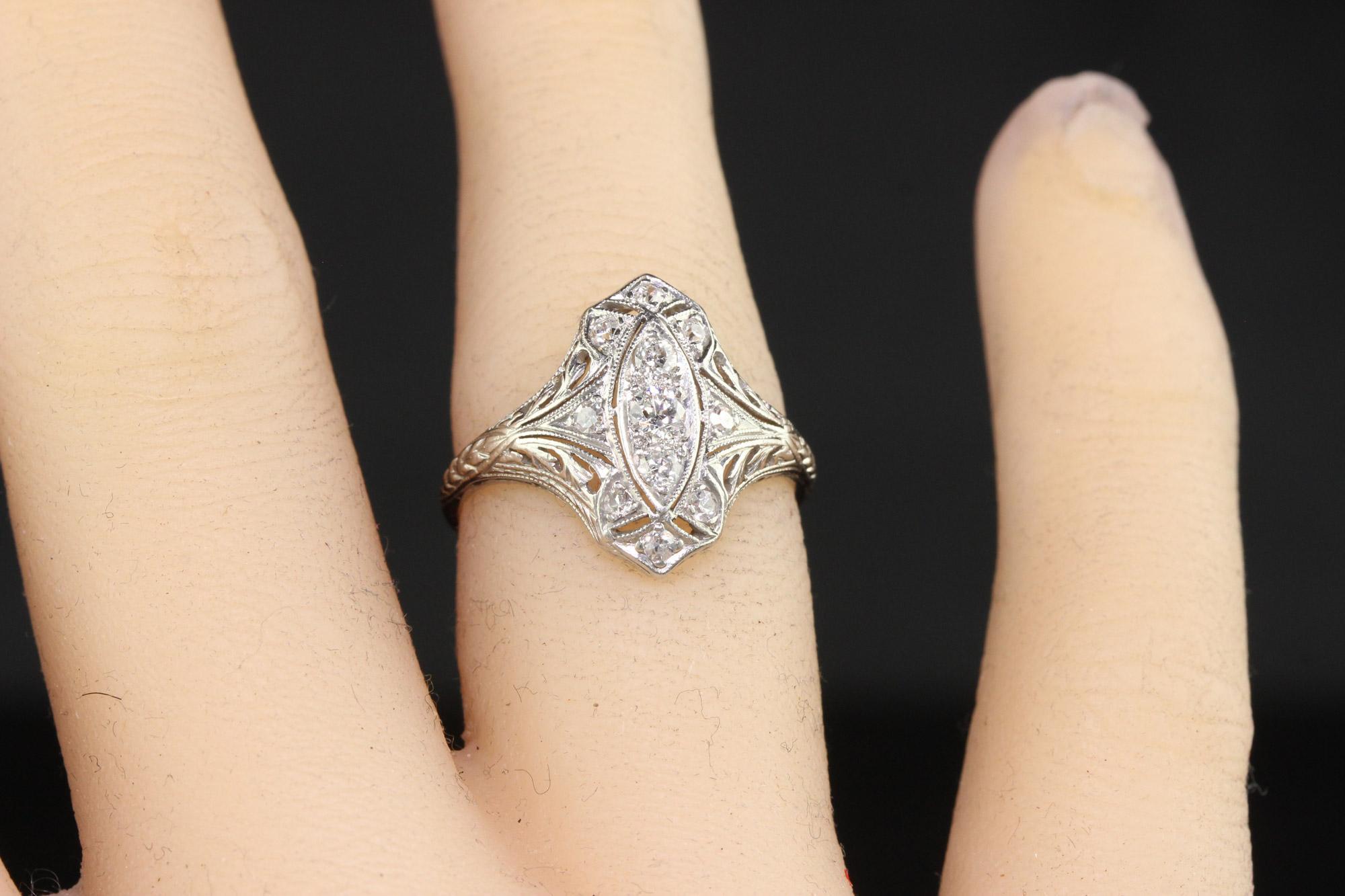 Women's Antique Art Deco Platinum Old European Diamond Filigree Shield Ring For Sale