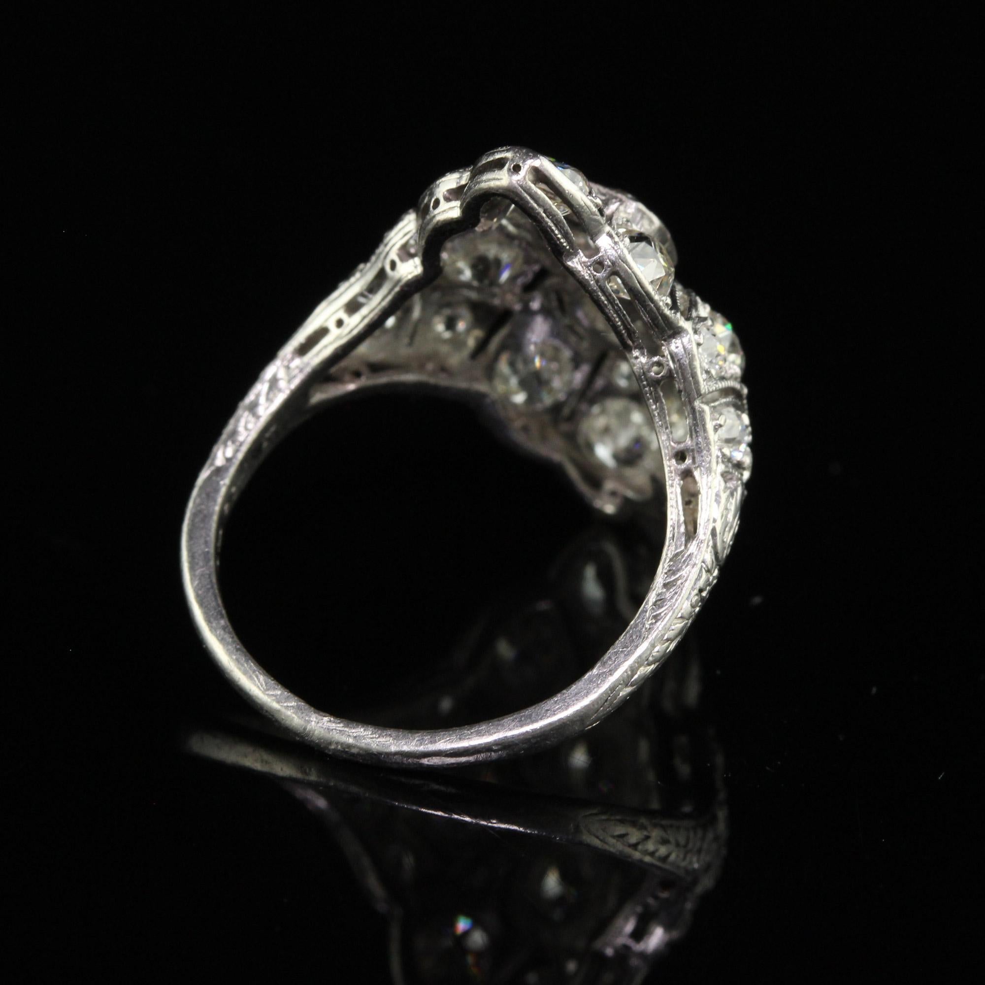 Antique Art Deco Platinum Old European Diamond Filigree Shield Ring For Sale 1