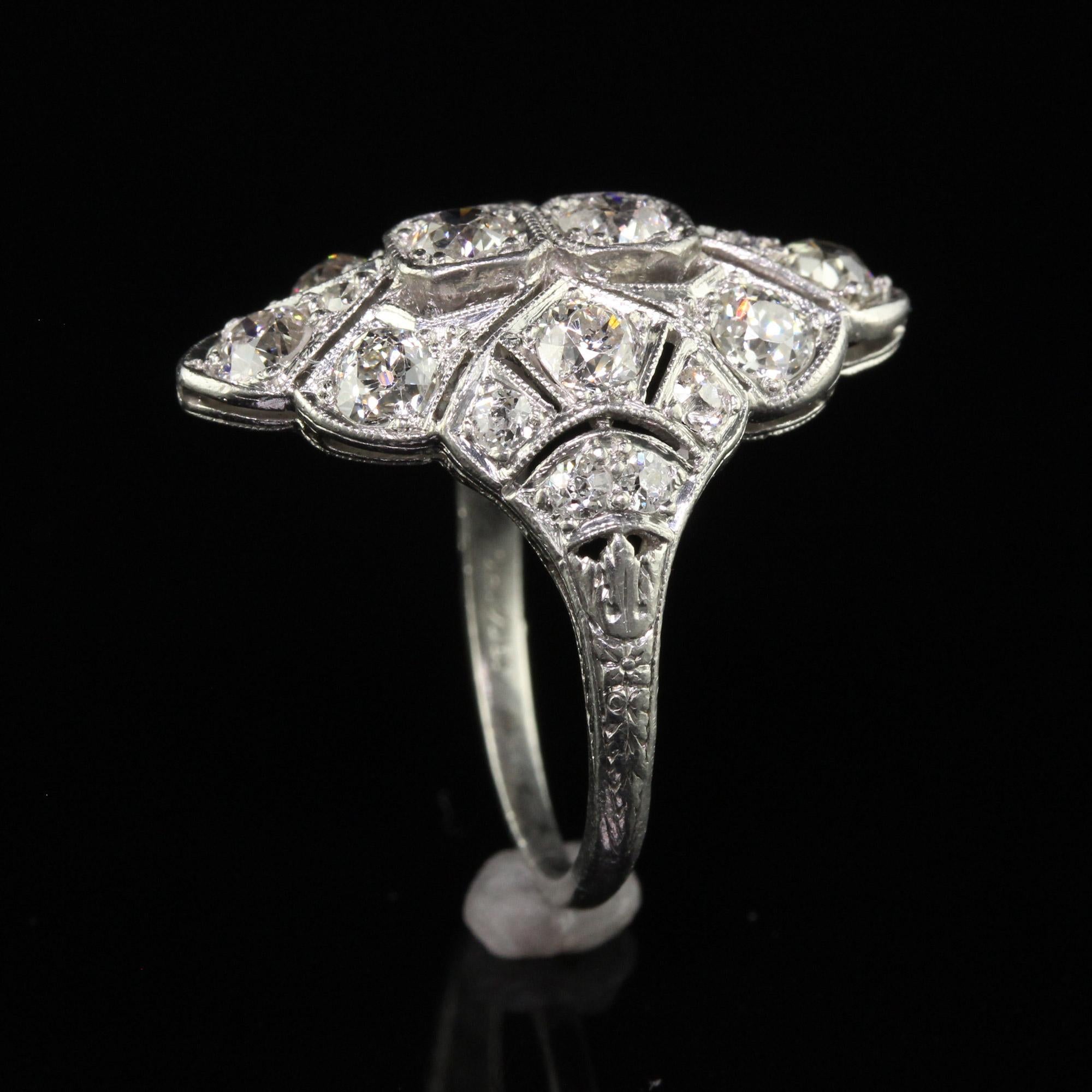Antique Art Deco Platinum Old European Diamond Filigree Shield Ring For Sale 2