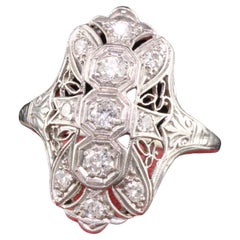 Antique Art Deco Platinum Old European Diamond Filigree Shield Ring