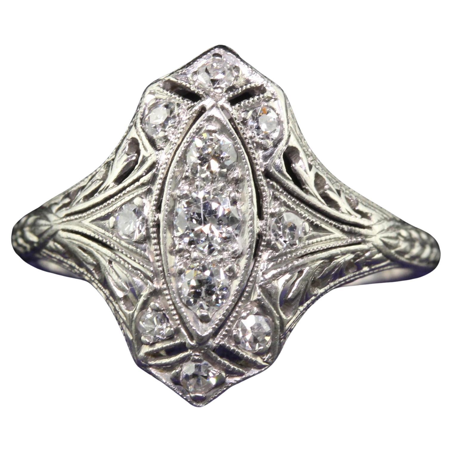 Antique Art Deco Platinum Old European Diamond Filigree Shield Ring For Sale