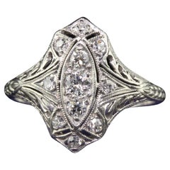 Retro Art Deco Platinum Old European Diamond Filigree Shield Ring