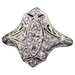 Antique Art Deco Platinum Old European Diamond Filigree Shield Ring