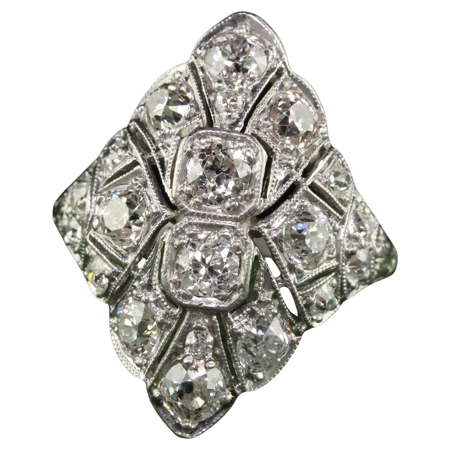 Antique Art Deco Platinum Old European Diamond Filigree Shield Ring For Sale