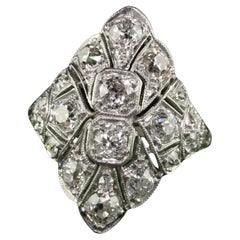 Antique Art Deco Platinum Old European Diamond Filigree Shield Ring