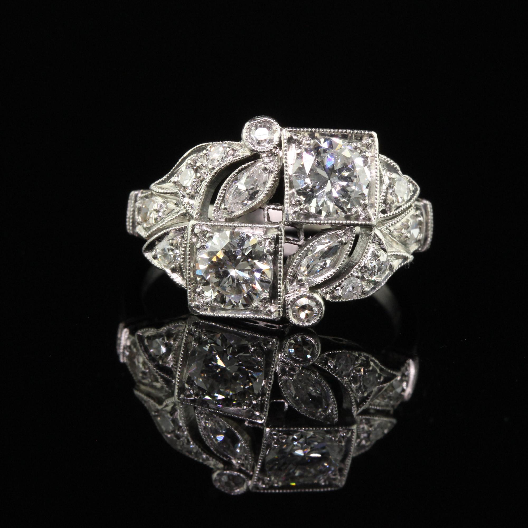 Antique Art Deco Platinum Old European Diamond Filigree Toi et Moi Floral Ring In Good Condition In Great Neck, NY