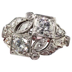 Antique Art Deco Platinum Old European Diamond Filigree Toi et Moi Floral Ring