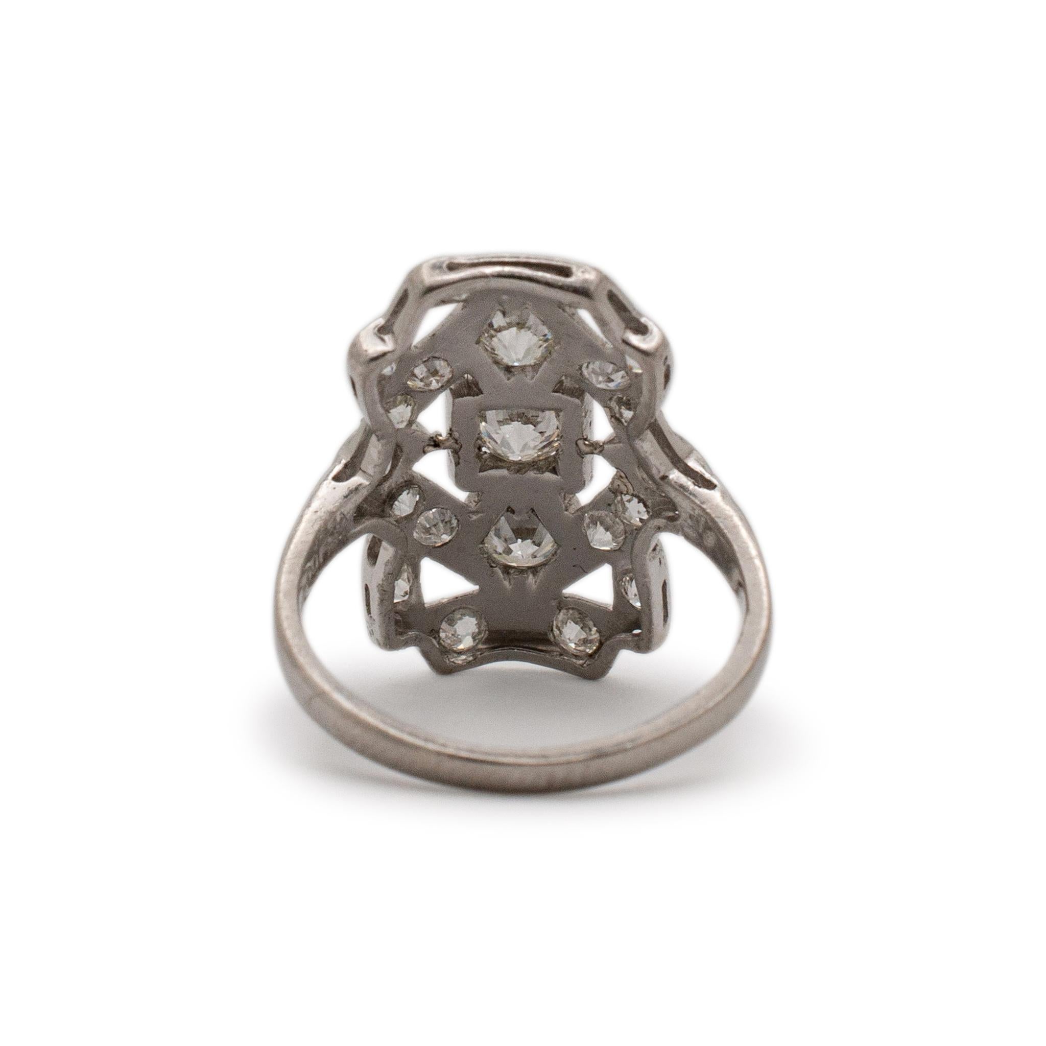 Women's Antique Art Deco Platinum Old European Diamond Filigreed Shield Cocktail Ring For Sale