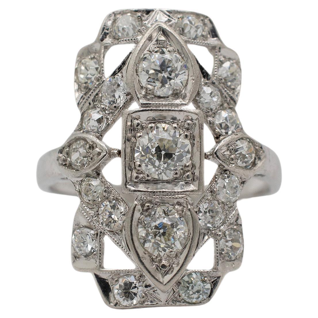 Antique Art Deco Platinum Old European Diamond Filigreed Shield Cocktail Ring For Sale