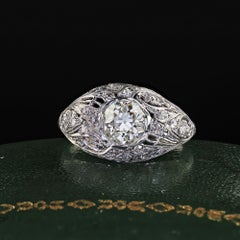 Antique Art Deco Platinum Old European Diamond Floral Engagement Ring - GIA