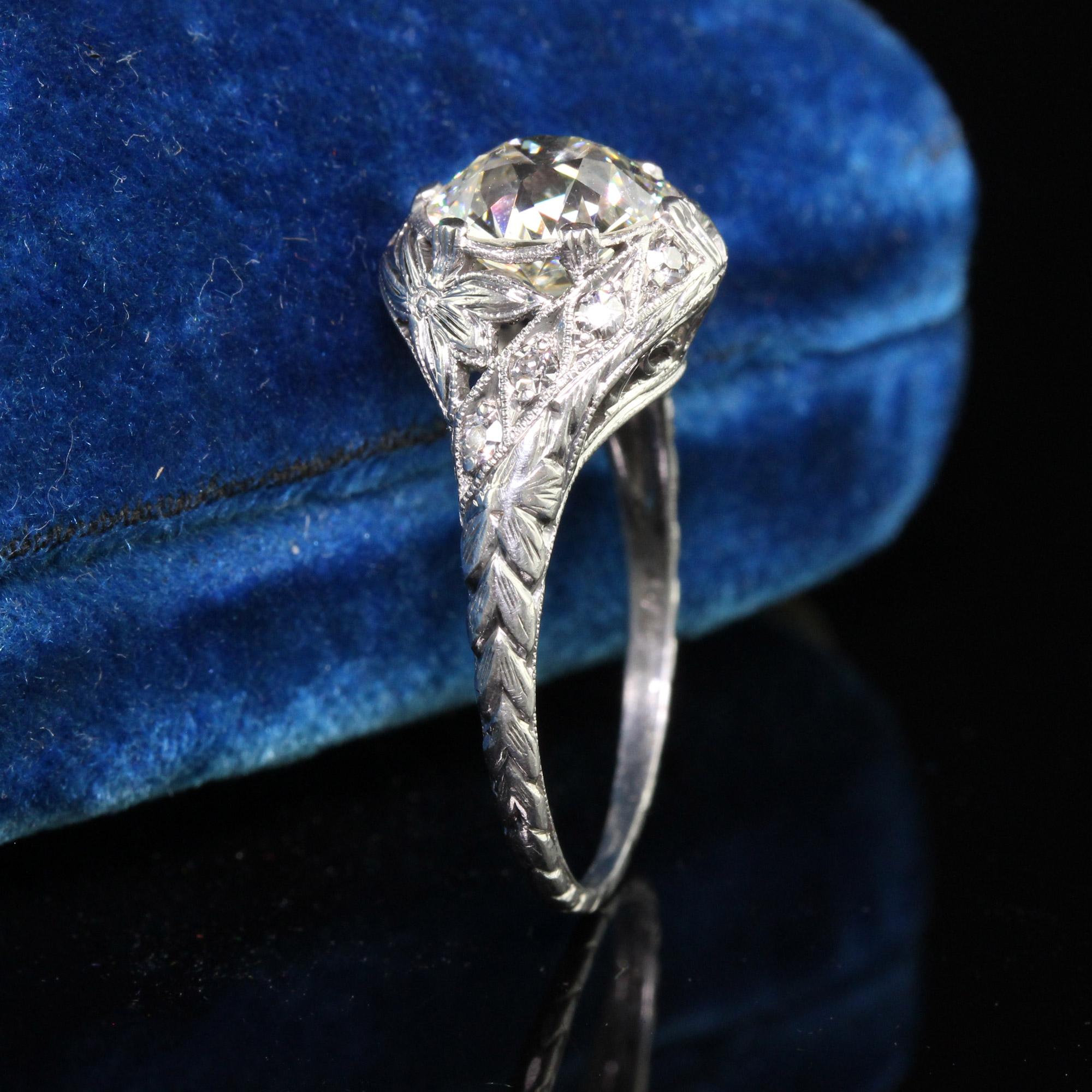 Old European Cut Antique Art Deco Platinum Old European Diamond Floral Engagement Ring - GIA For Sale