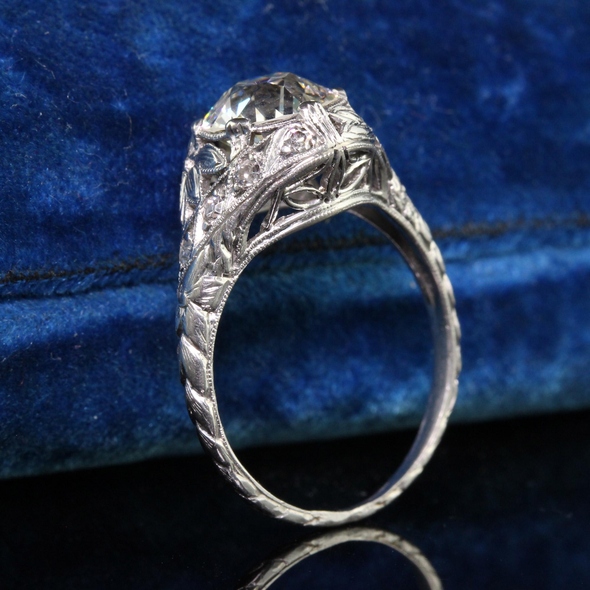 Antique Art Deco Platinum Old European Diamond Floral Engagement Ring - GIA In Good Condition For Sale In Great Neck, NY