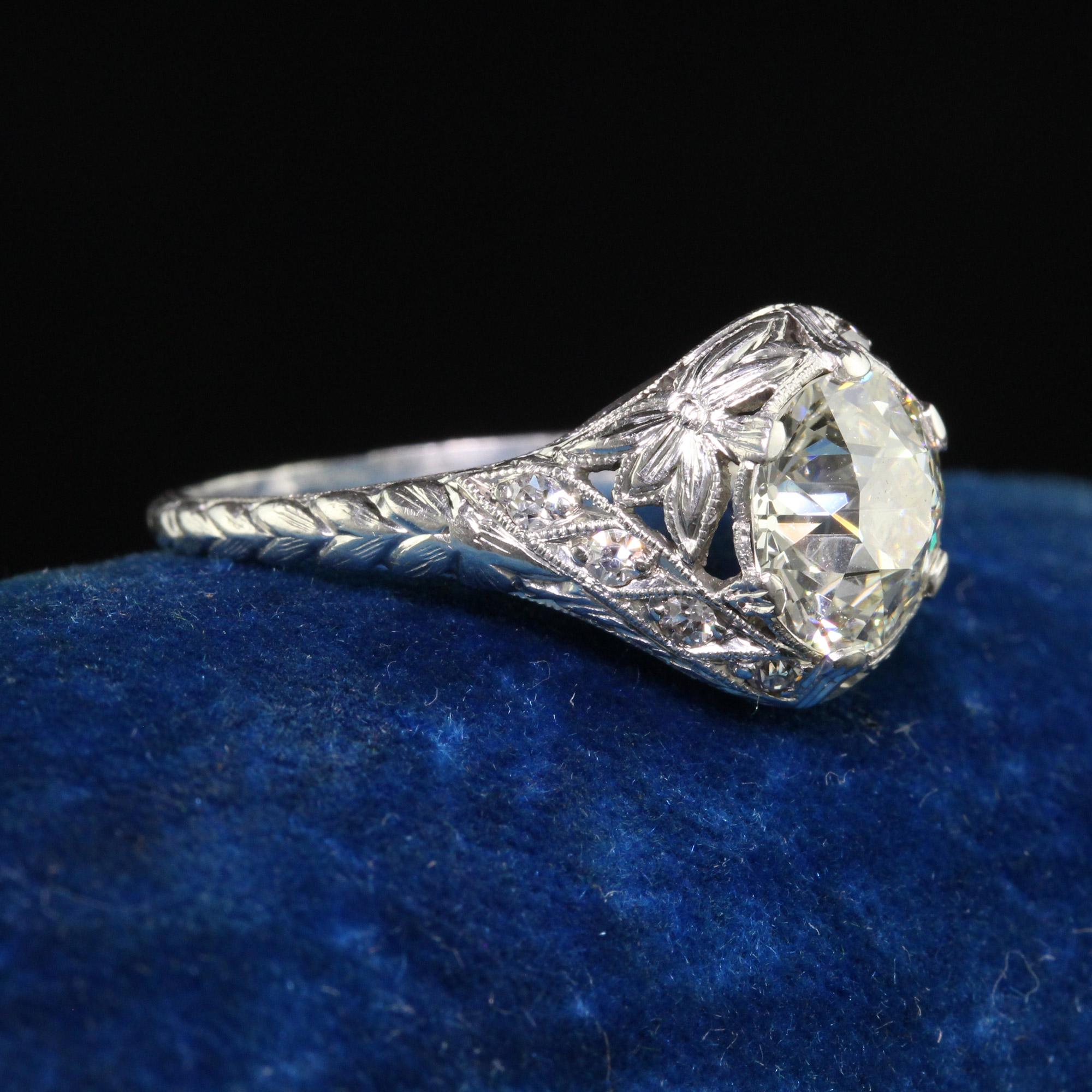 Women's Antique Art Deco Platinum Old European Diamond Floral Engagement Ring - GIA For Sale
