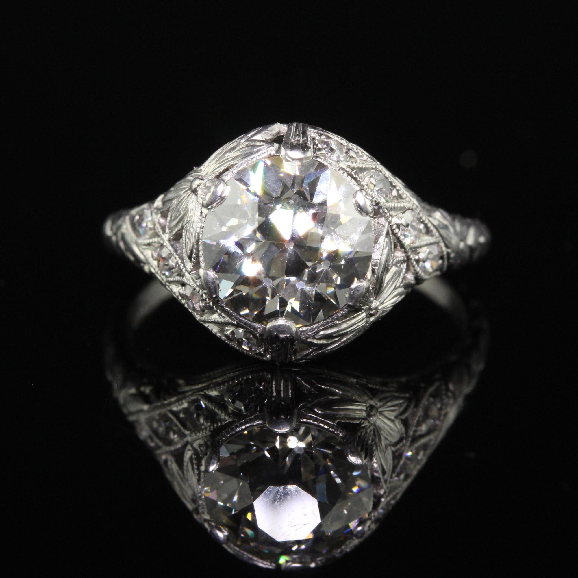 Antique Art Deco Platinum Old European Diamond Floral Engagement Ring - GIA For Sale 1