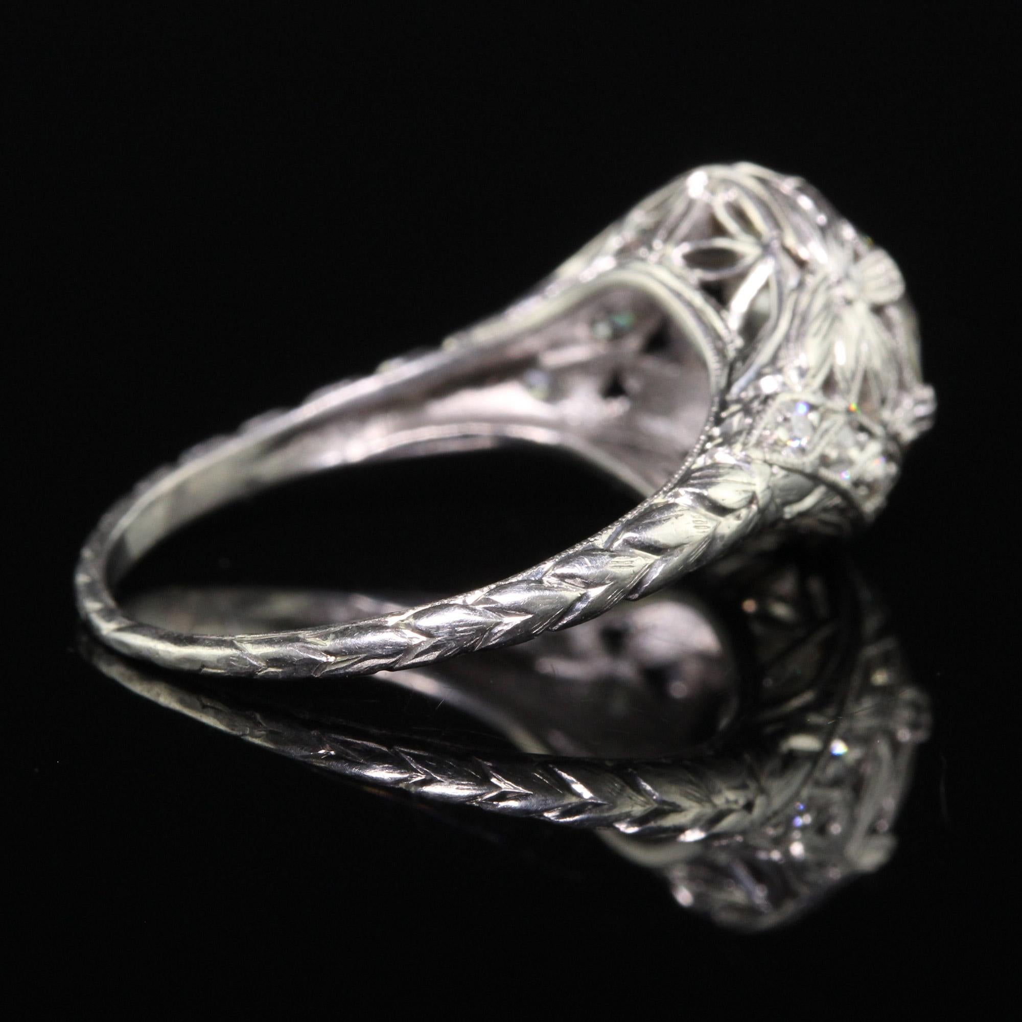 Antique Art Deco Platinum Old European Diamond Floral Engagement Ring - GIA For Sale 2