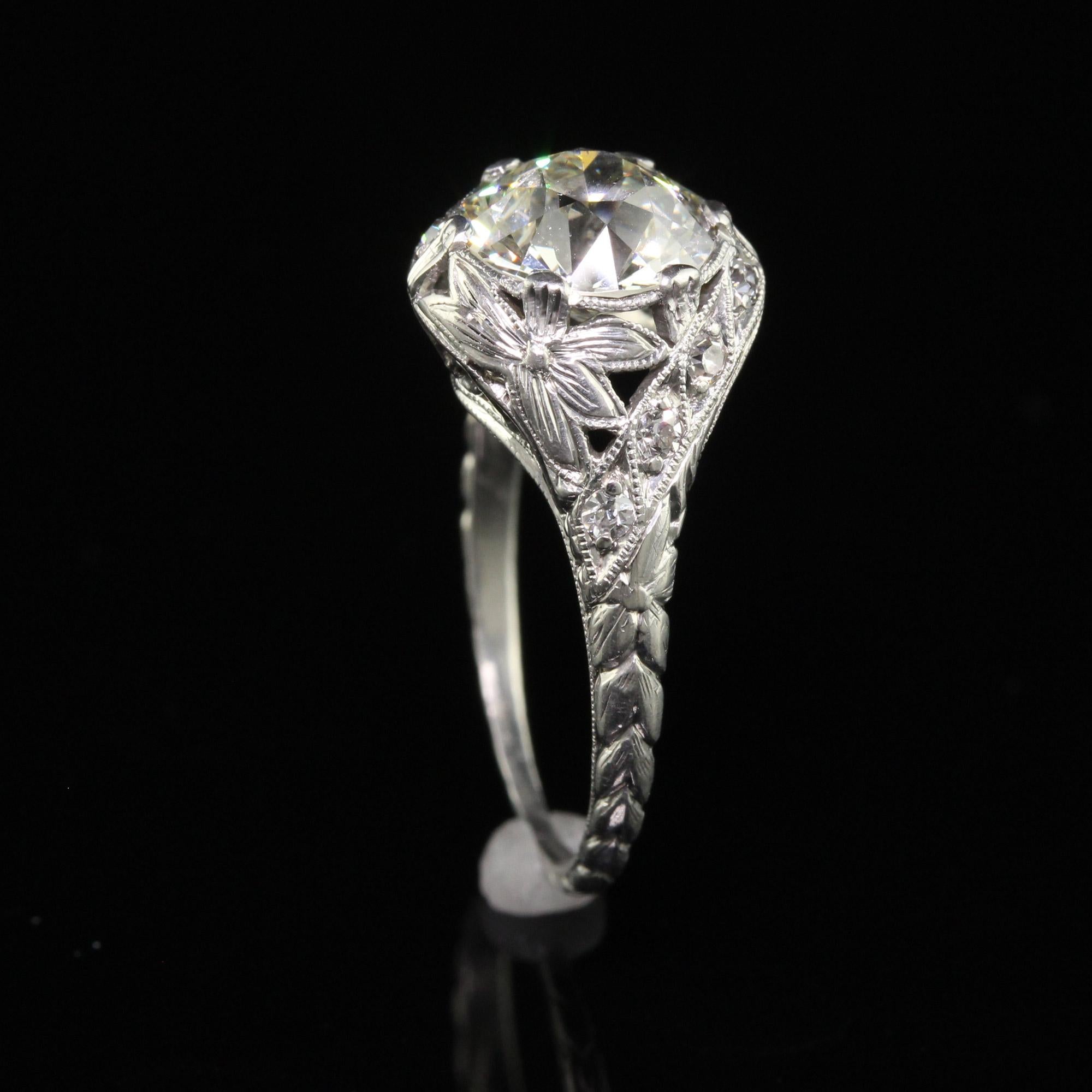 Antique Art Deco Platinum Old European Diamond Floral Engagement Ring - GIA For Sale 3