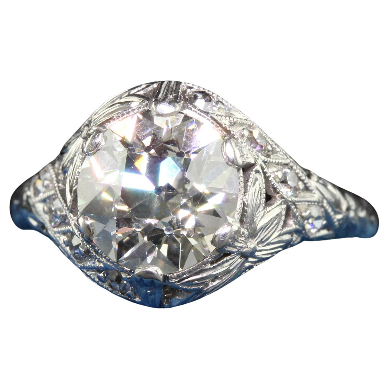 Antique Art Deco Platinum Old European Diamond Floral Engagement Ring - GIA For Sale