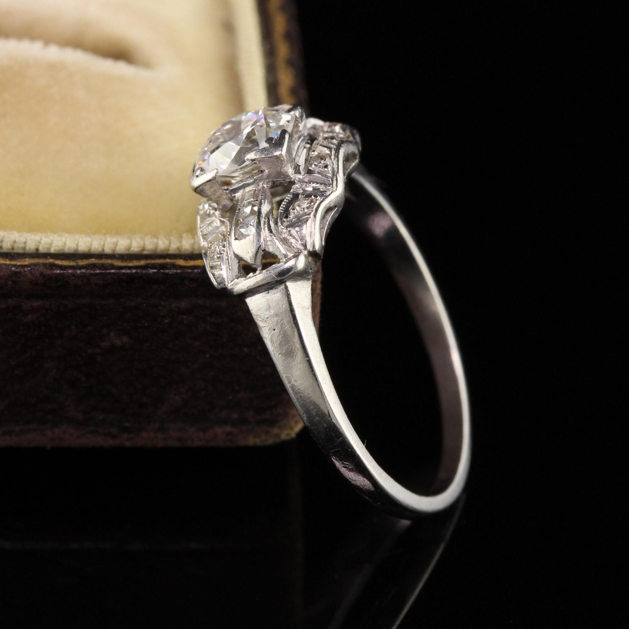 An incredible Antique Art Deco Platinum Old European French Cut Engagement Ring. It features an approximate .70 ct diamond in the center with old french cut diamonds as accents. 

#R0609

Metal: Platinum

Weight: 2.9 Grams

Center Diamond Weight: