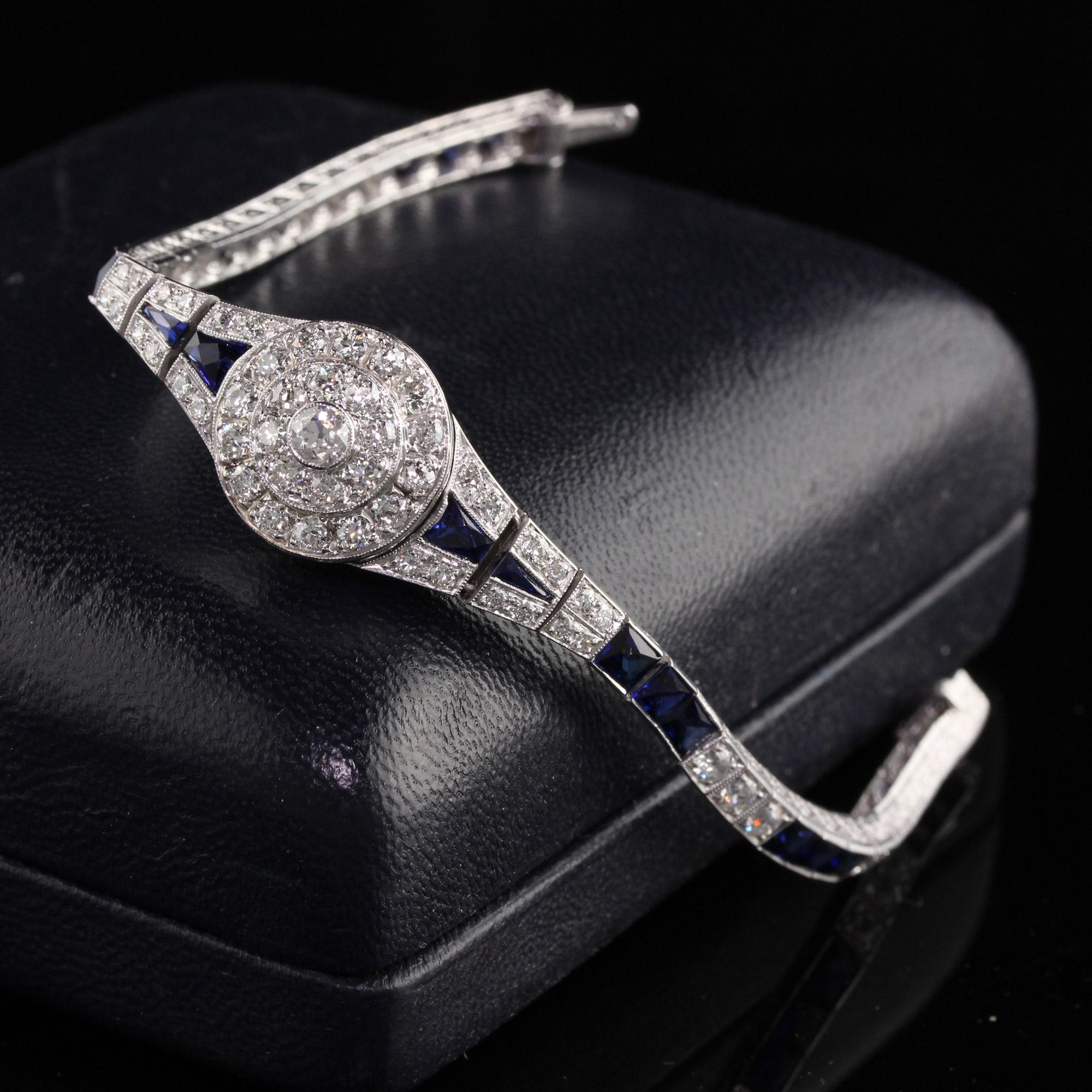 Antikes Art Deco Platin Armband mit Saphir im französischen Diamantschliff, alte europäischer Schliff (Französischer Schliff) im Angebot