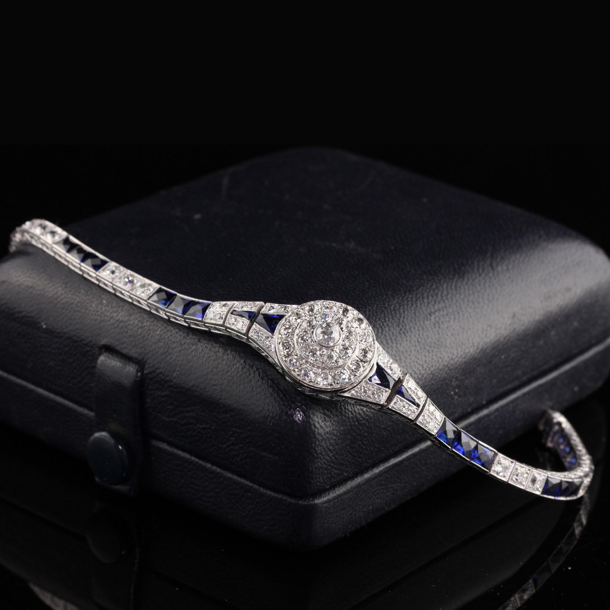 Antique Art Deco Platinum Old European Diamond French Cut Sapphire Bracelet For Sale 1