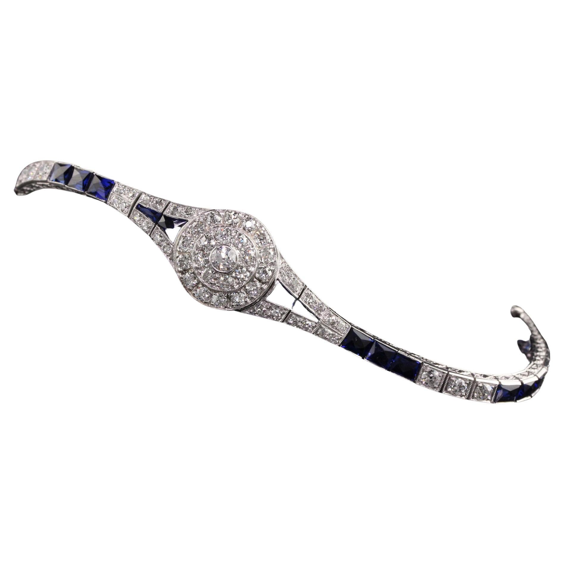 Antikes Art Deco Platin Armband mit Saphir im französischen Diamantschliff, alte europäischer Schliff im Angebot