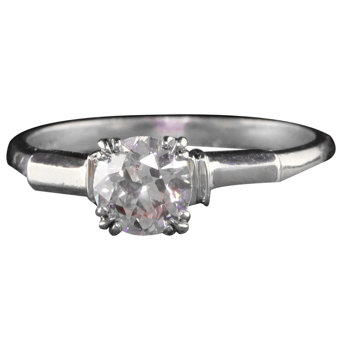 Antique Art Deco Platinum Old European Diamond Geometric Engagement Ring For Sale