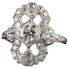 Antique Art Deco Platinum Old European Diamond Geometric Shield Ring