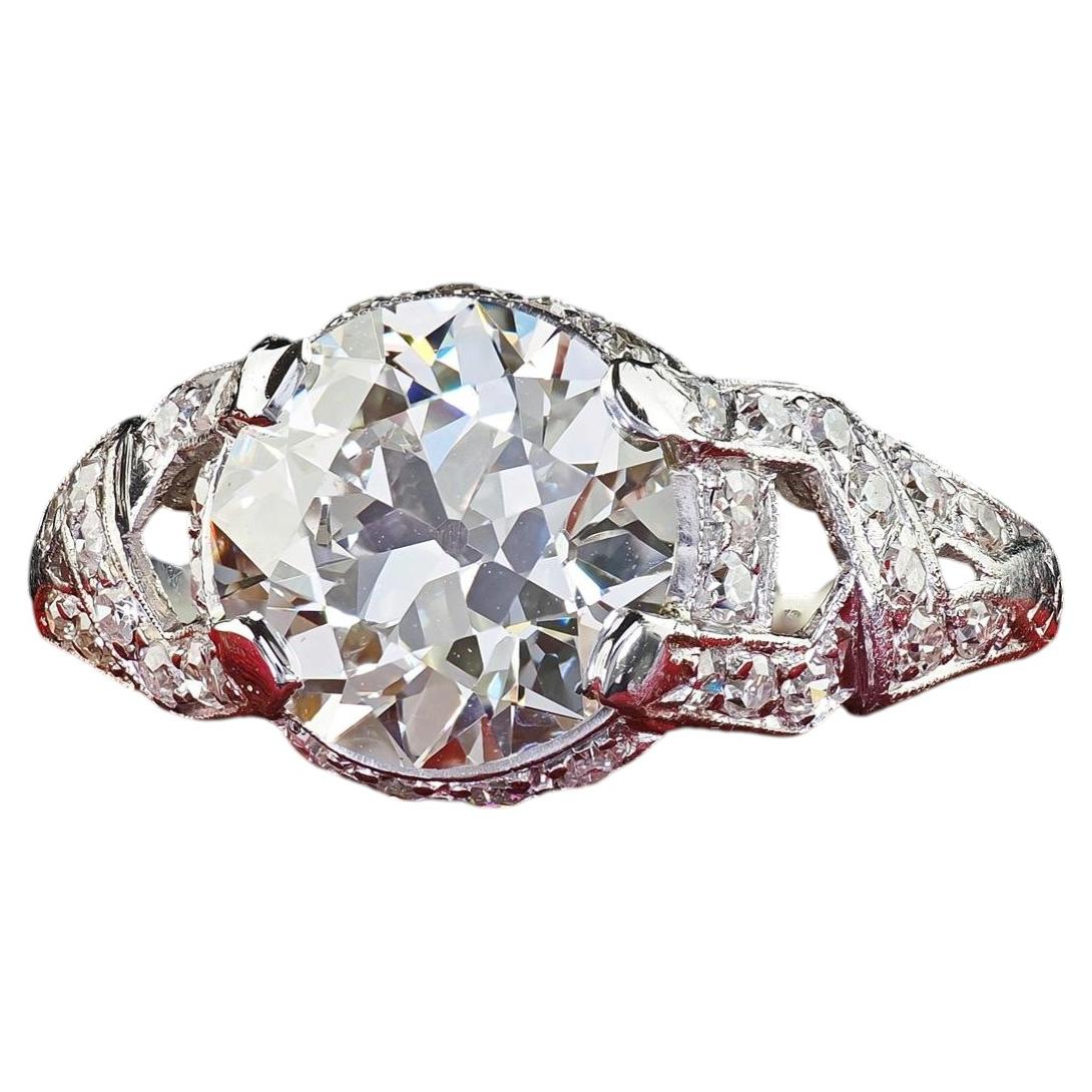 Antique Art Deco Platinum Old European Diamond Low Profile Engagement Ring - GIA For Sale