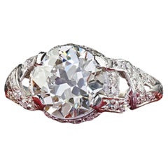 Bague de fiançailles Art déco ancienne en platine, sertie d'un diamant « Old European » à profil bas - GIA