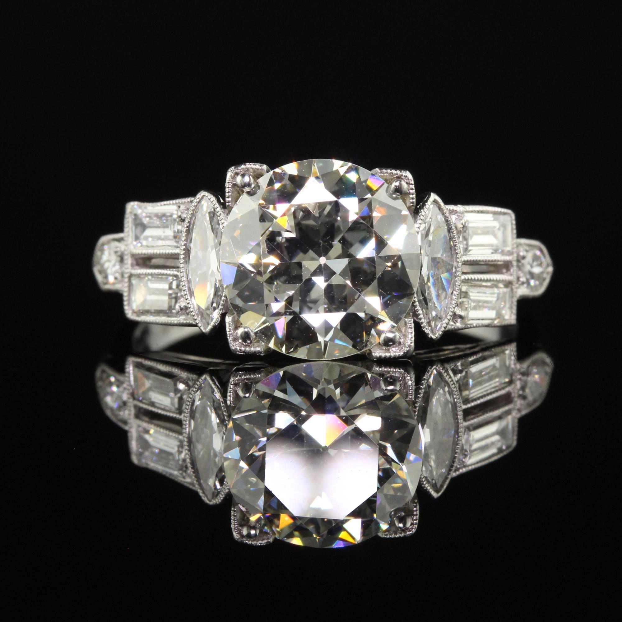 Women's Antique Art Deco Platinum Old European Diamond Marquise Baguette Engagement Ring For Sale