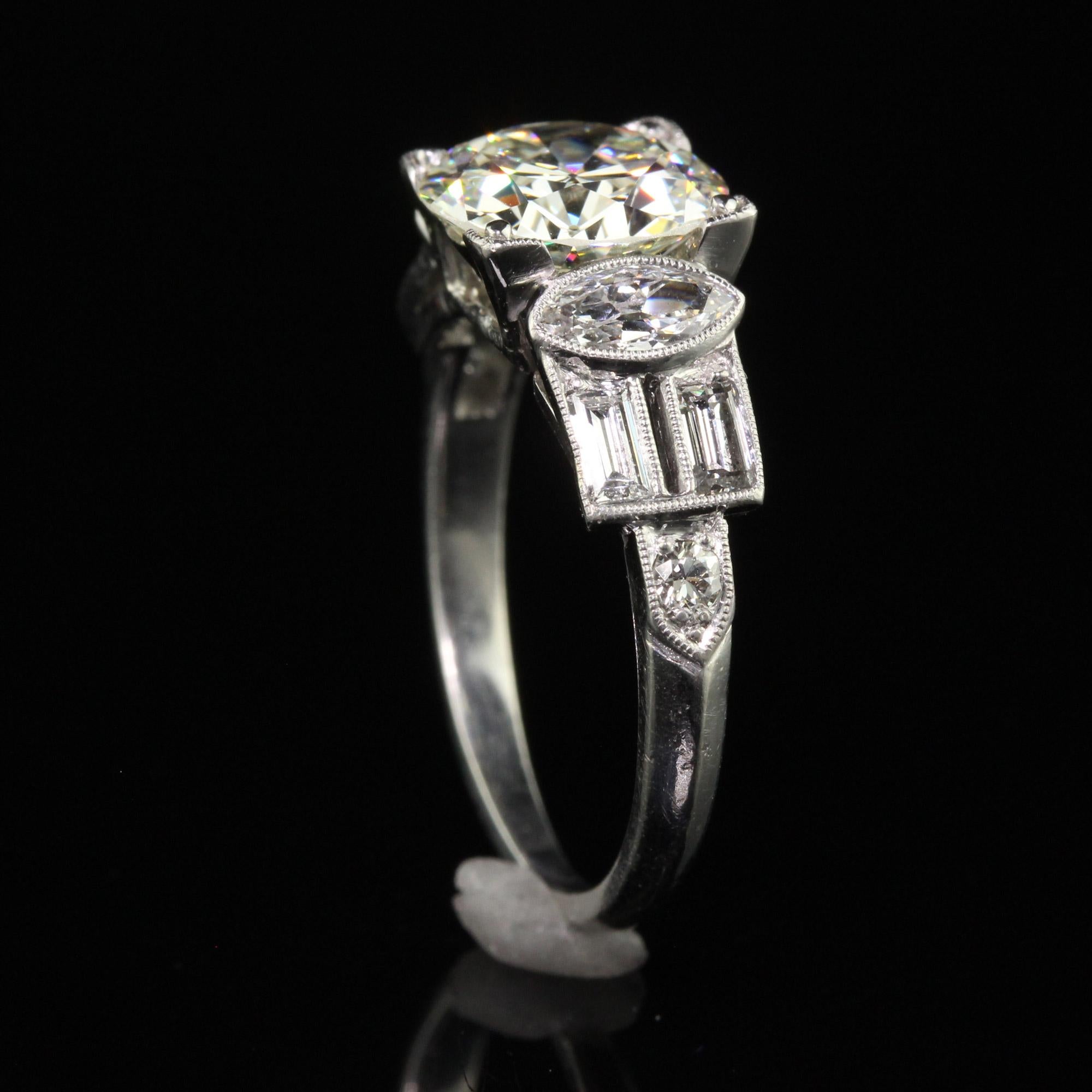 Antique Art Deco Platinum Old European Diamond Marquise Baguette Engagement Ring For Sale 2
