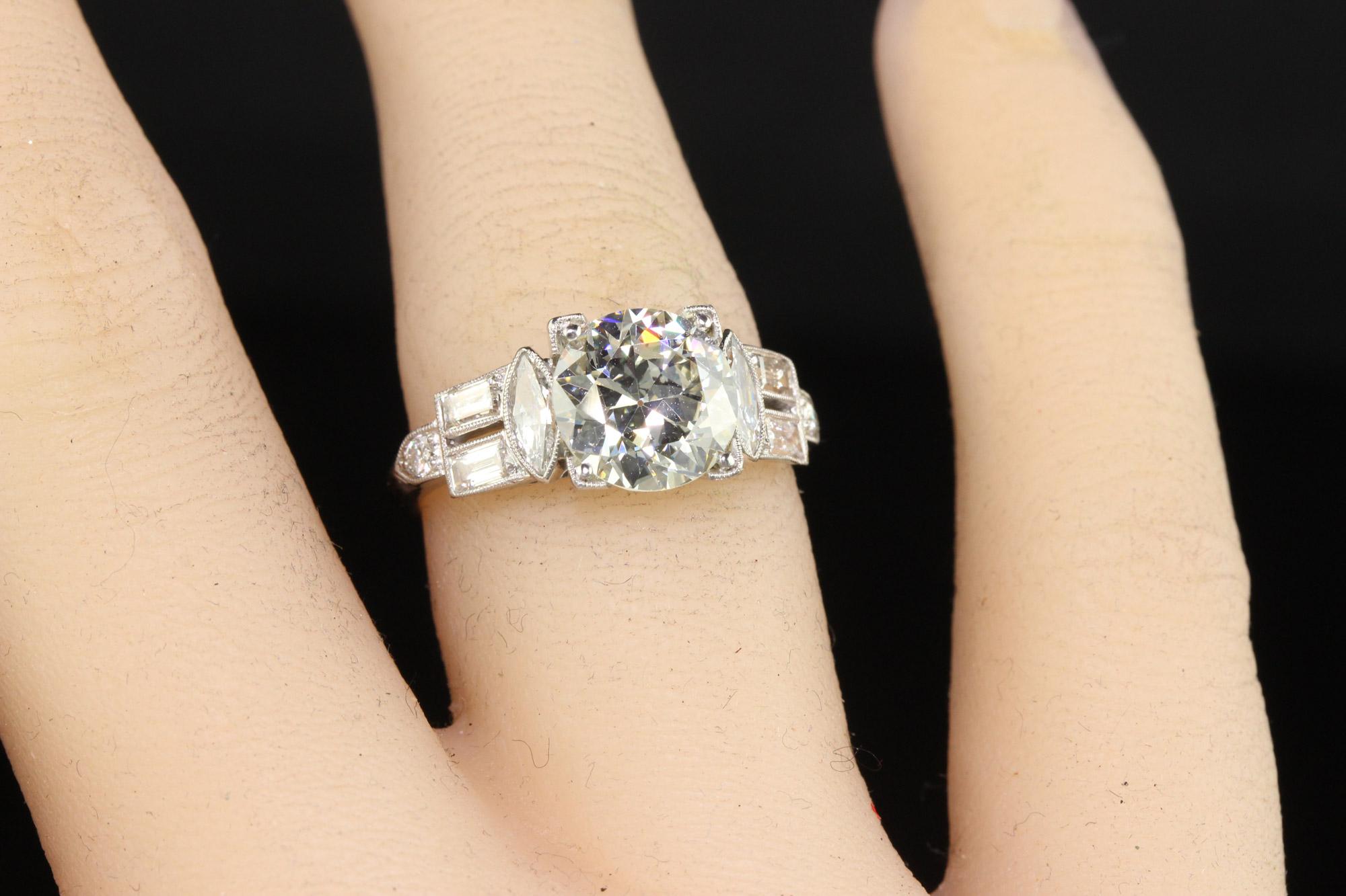 Antique Art Deco Platinum Old European Diamond Marquise Baguette Engagement Ring For Sale 3