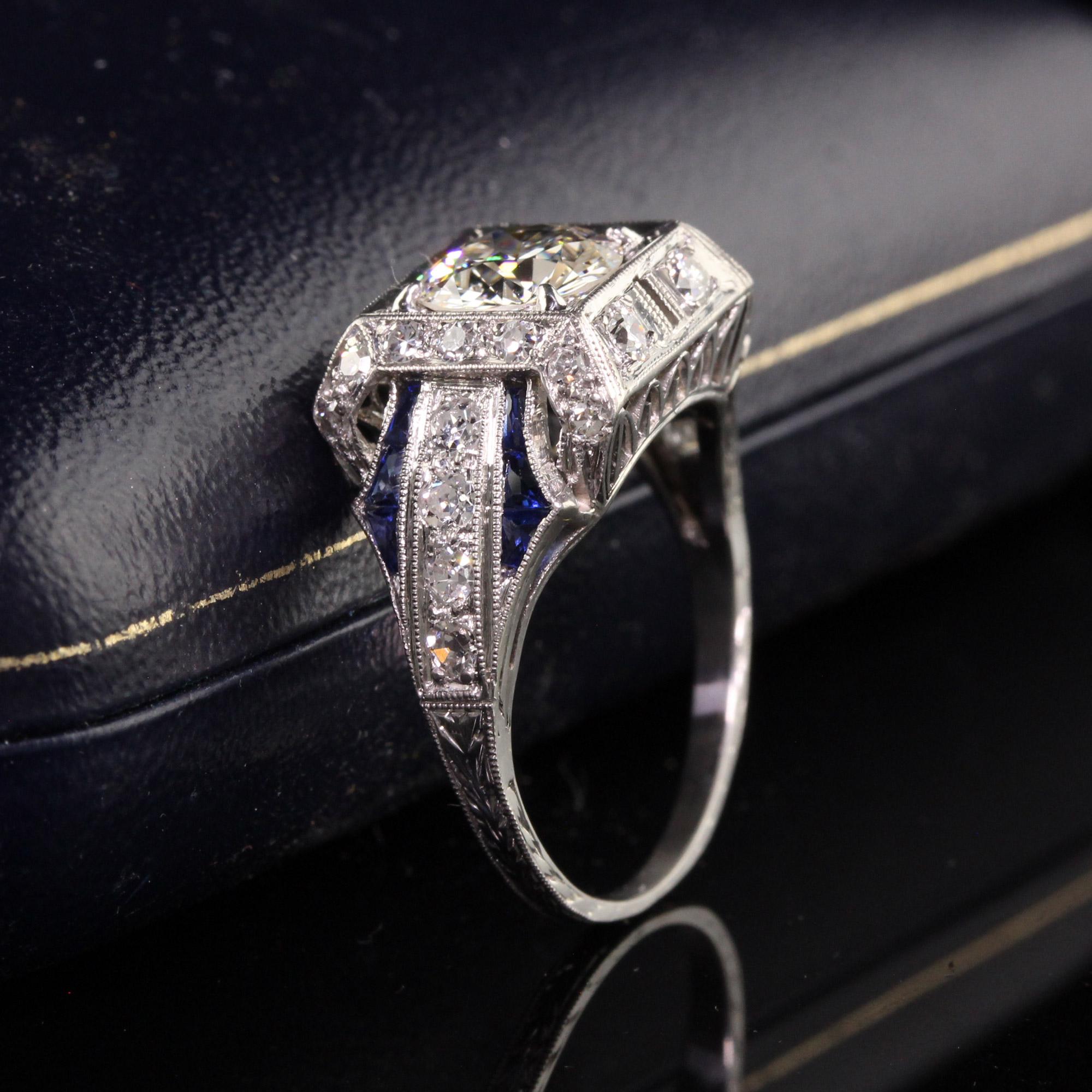 Old European Cut Antique Art Deco Platinum Old European Diamond Sapphire Engagement Ring, GIA