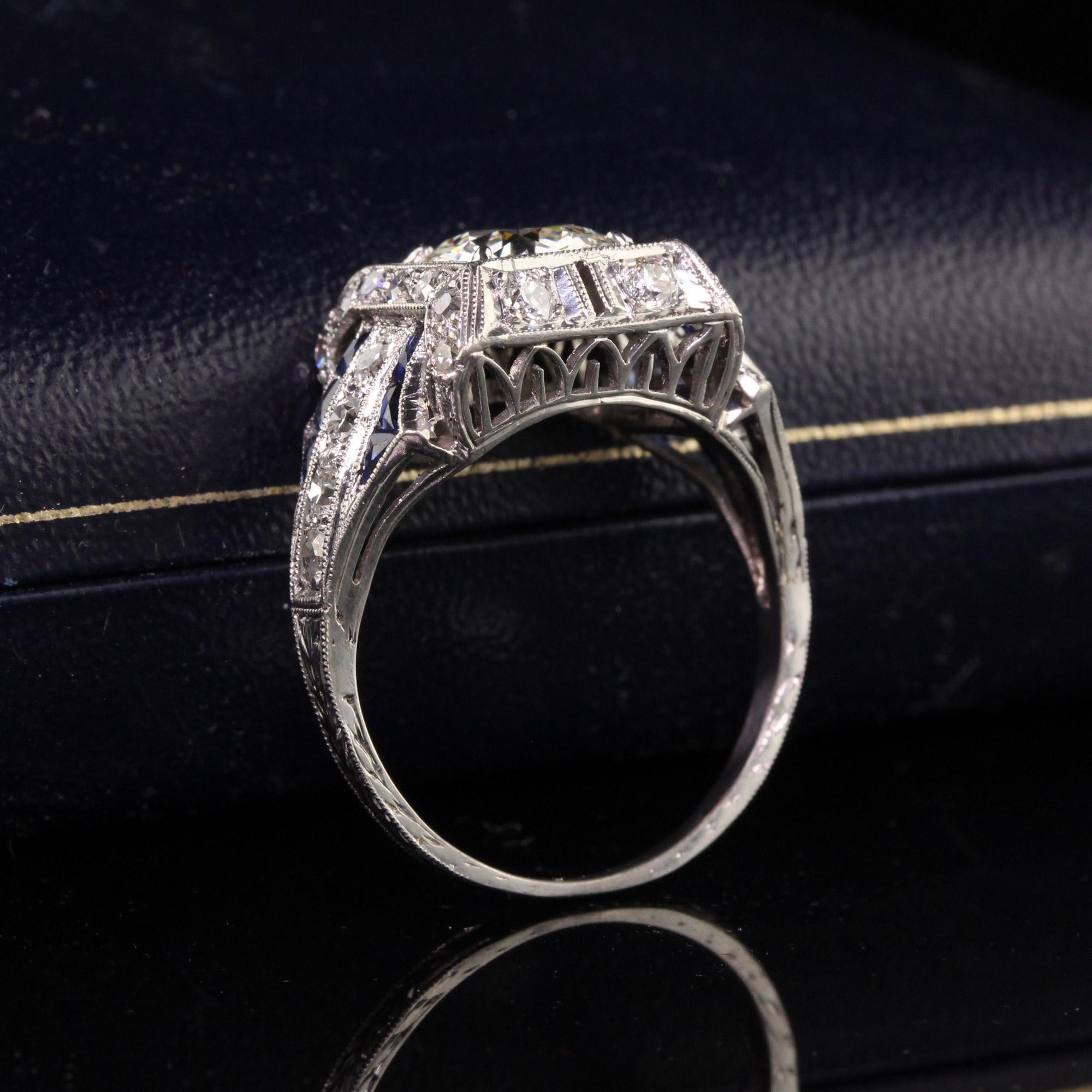 Antique Art Deco Platinum Old European Diamond Sapphire Engagement Ring, GIA In Good Condition In Great Neck, NY