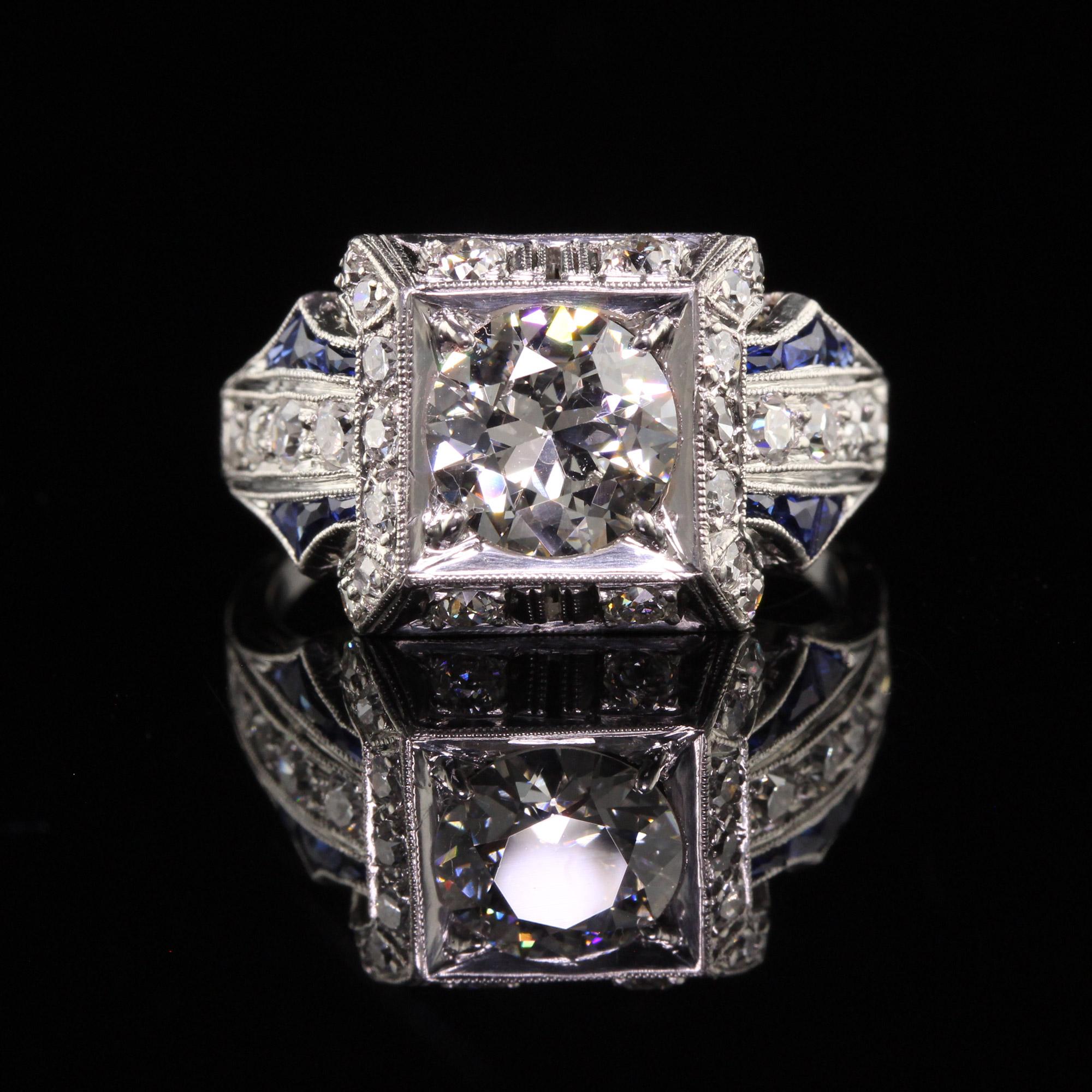Men's Antique Art Deco Platinum Old European Diamond Sapphire Engagement Ring, GIA