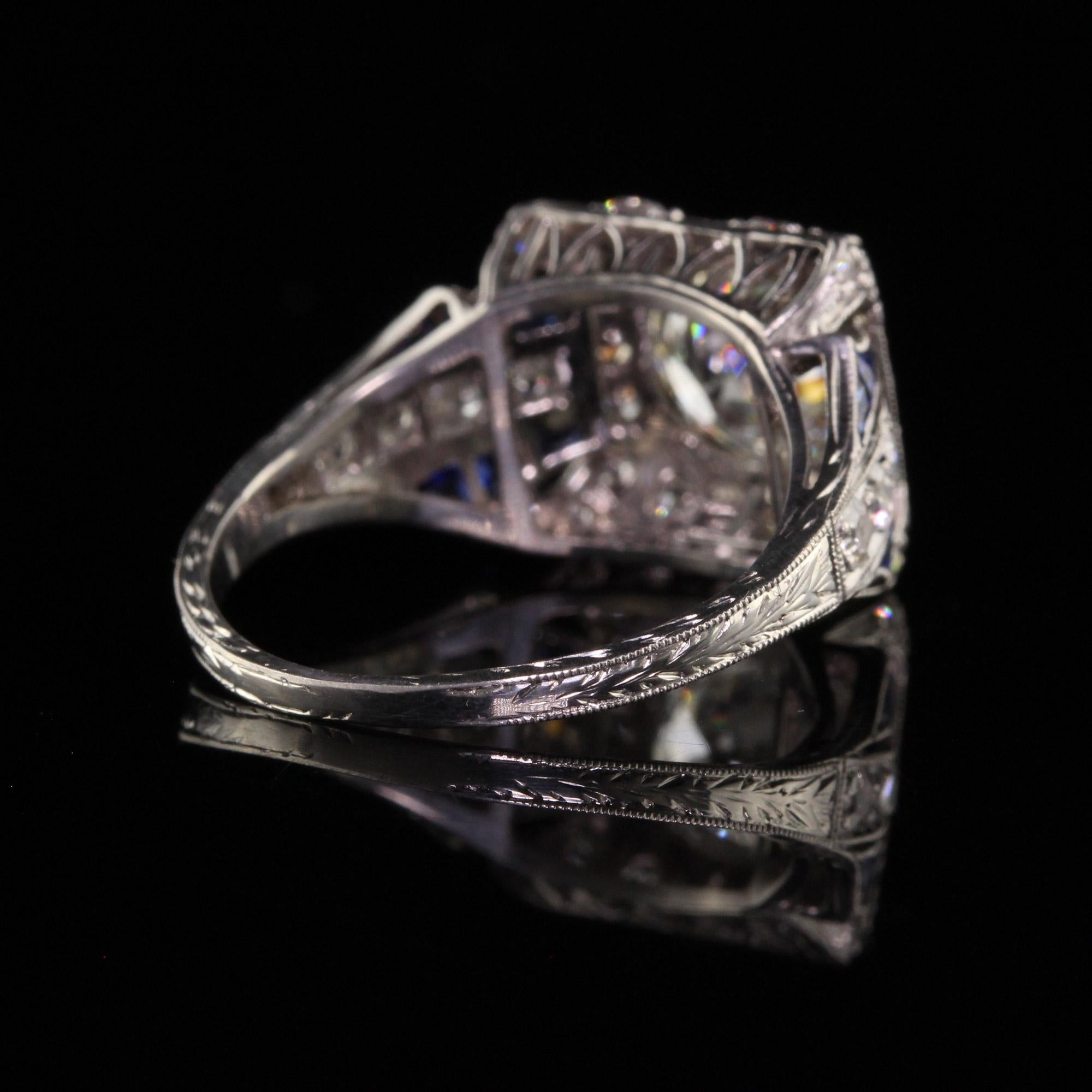 Antique Art Deco Platinum Old European Diamond Sapphire Engagement Ring, GIA 1