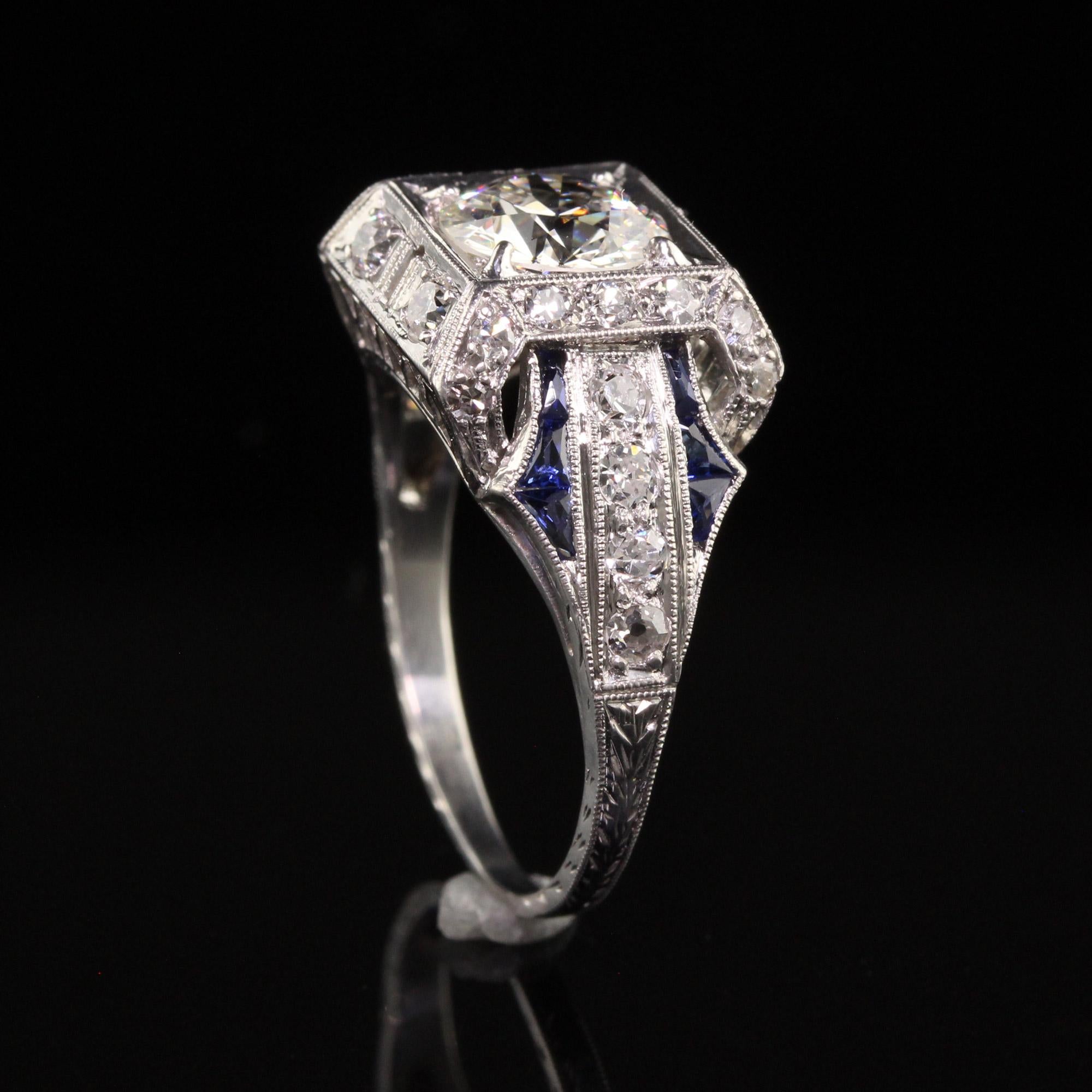 Antique Art Deco Platinum Old European Diamond Sapphire Engagement Ring, GIA 2