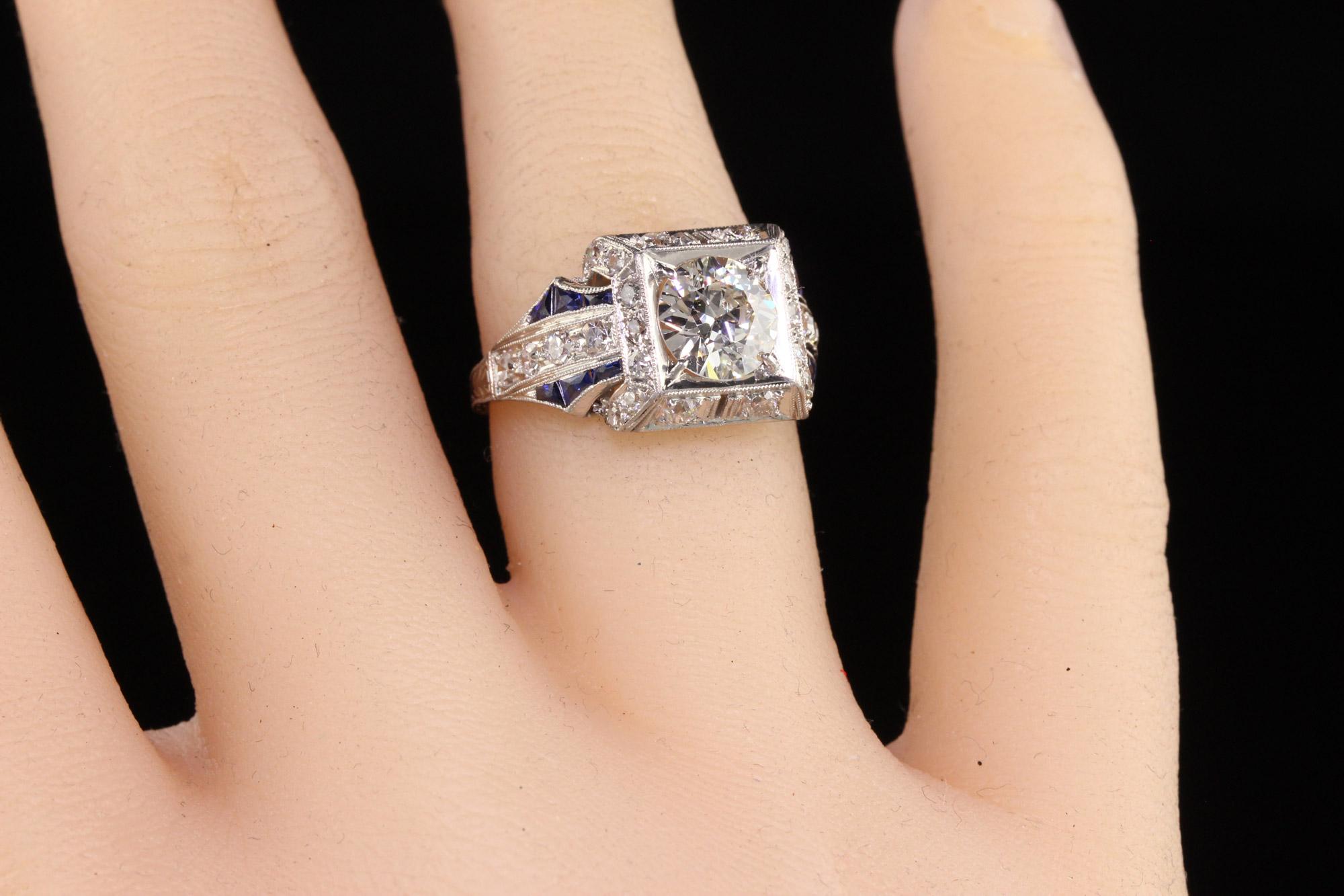 Antique Art Deco Platinum Old European Diamond Sapphire Engagement Ring, GIA 3