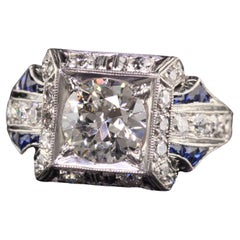 Antique Art Deco Platinum Old European Diamond Sapphire Engagement Ring, GIA