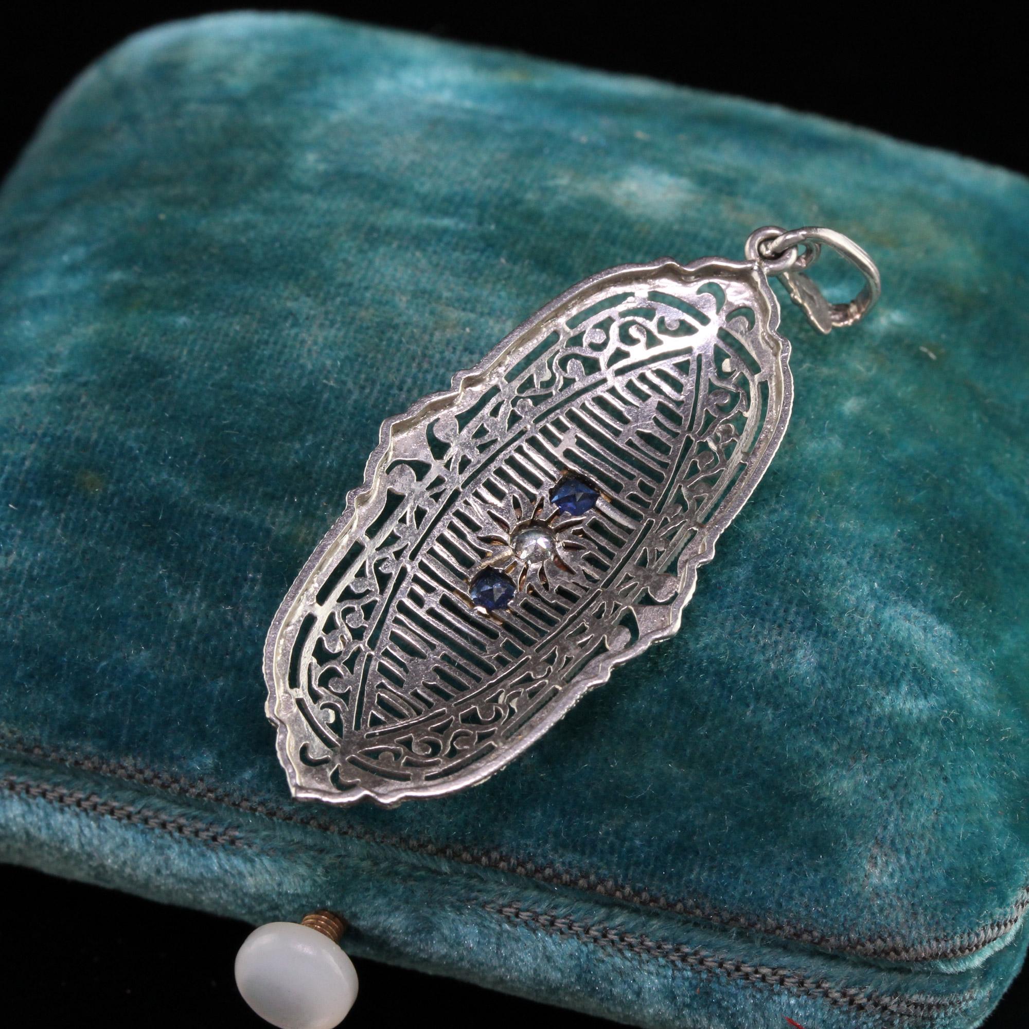 Beautiful Antique Art Deco Platinum Old European Diamond Sapphire Filigree Pendant. This gorgeous pendant is in amazing condition and has an old european diamond in the center of a gorgeous filigree pendant mounting.

Item #N0024

Metal: