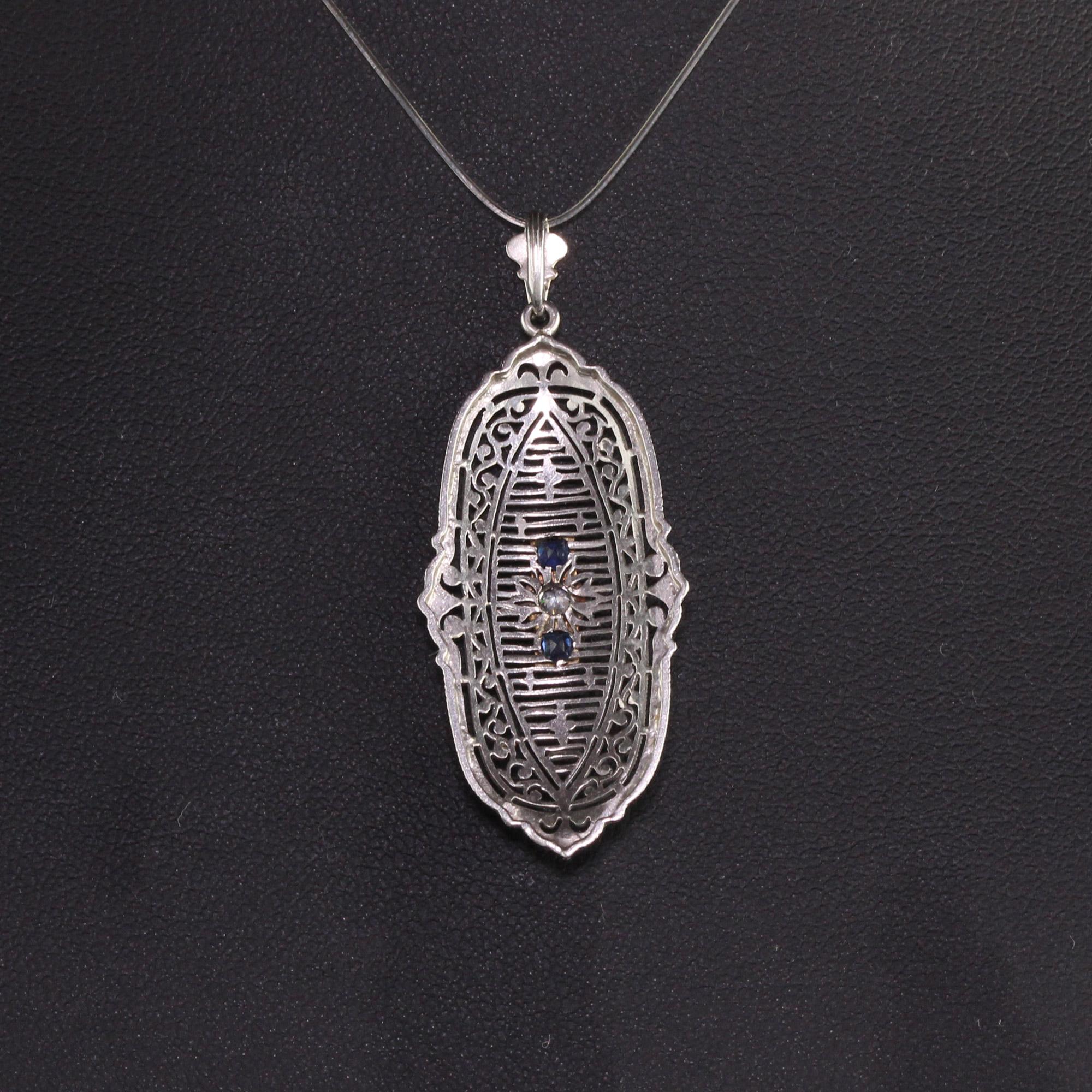 Old European Cut Antique Art Deco Platinum Old European Diamond Sapphire Filigree Pendant