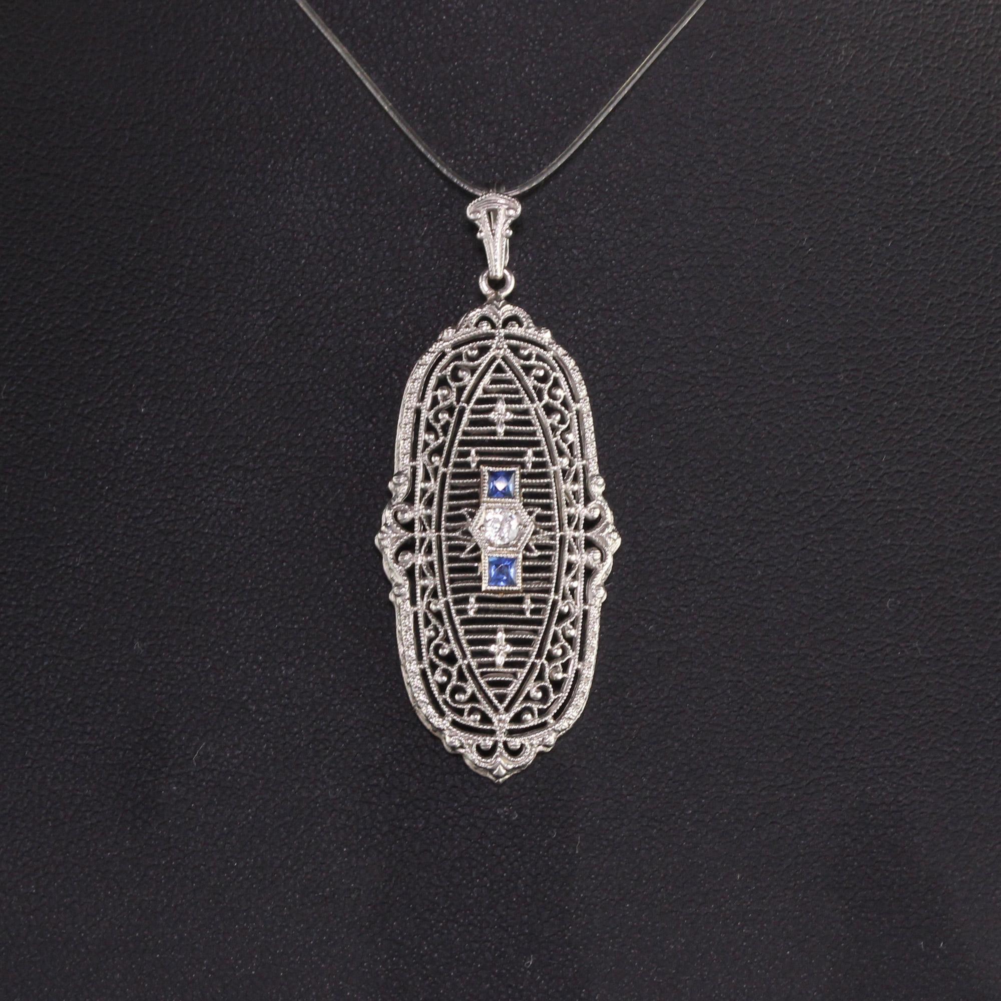 Women's Antique Art Deco Platinum Old European Diamond Sapphire Filigree Pendant